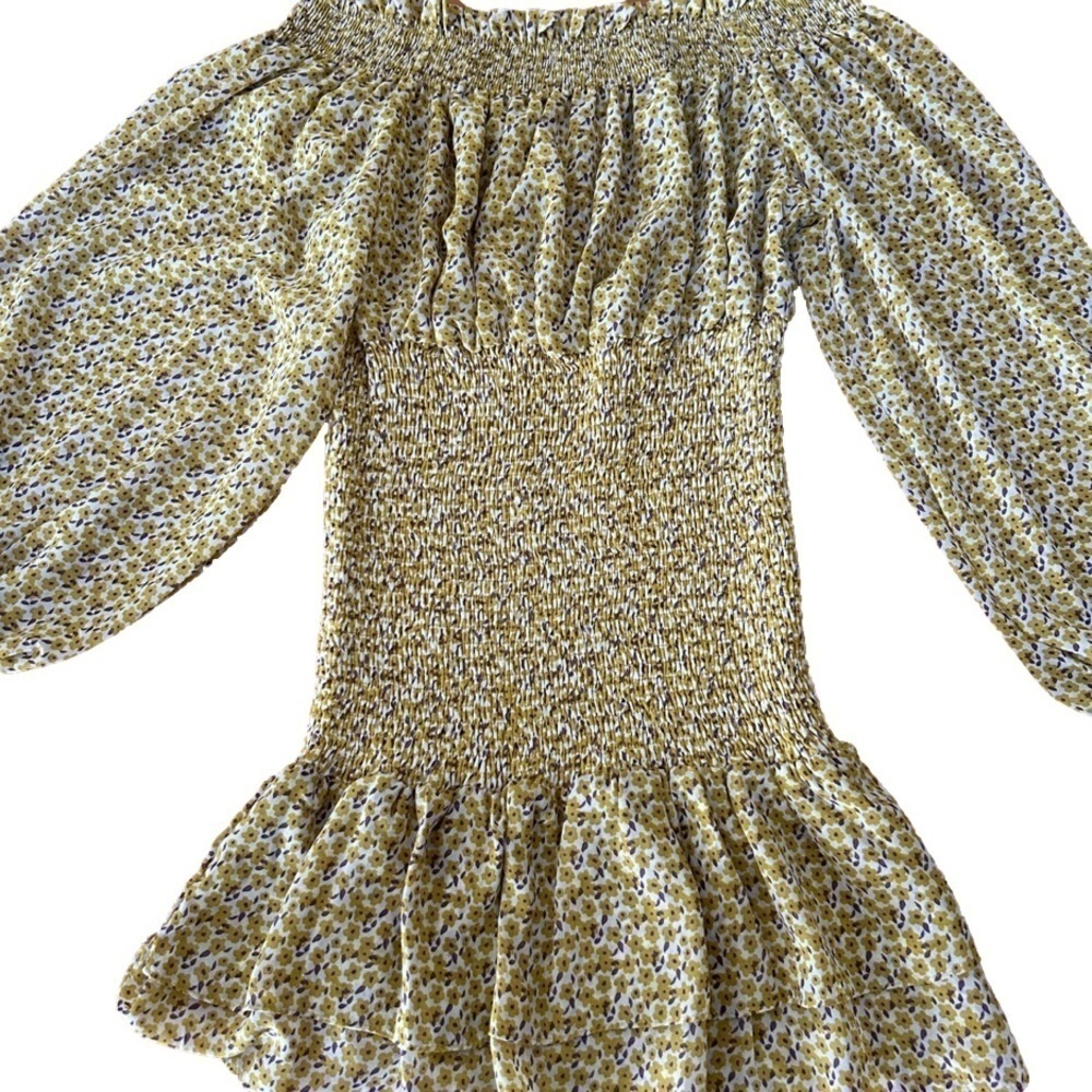 Blush Yellow Floral Puff Longsleeve Bodycon Mini Dress